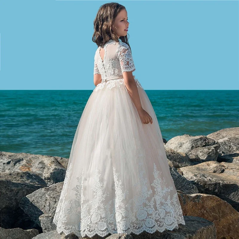 ชุดเดรสดอกไม้สำหรับงานแต่งงานเด็ก Puffy นุ่มกระโปรง Tulle Ball Gown ประกวดสาวโบว์ริบบิ้น Communion Party Dresses