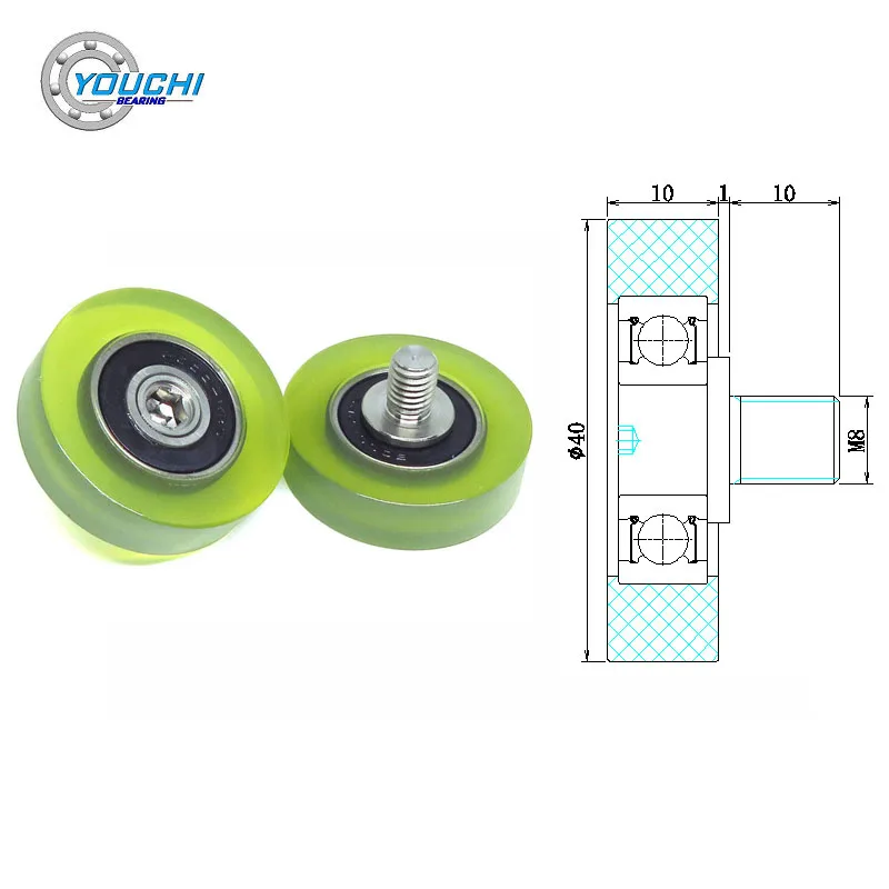 2pcs OD 40mm PolyUrethane Bearing Bolt Roller With M8 Screw 40x10xM8 PU600040-10C1L10M8 PU Coated Furniture Wheel Pulley