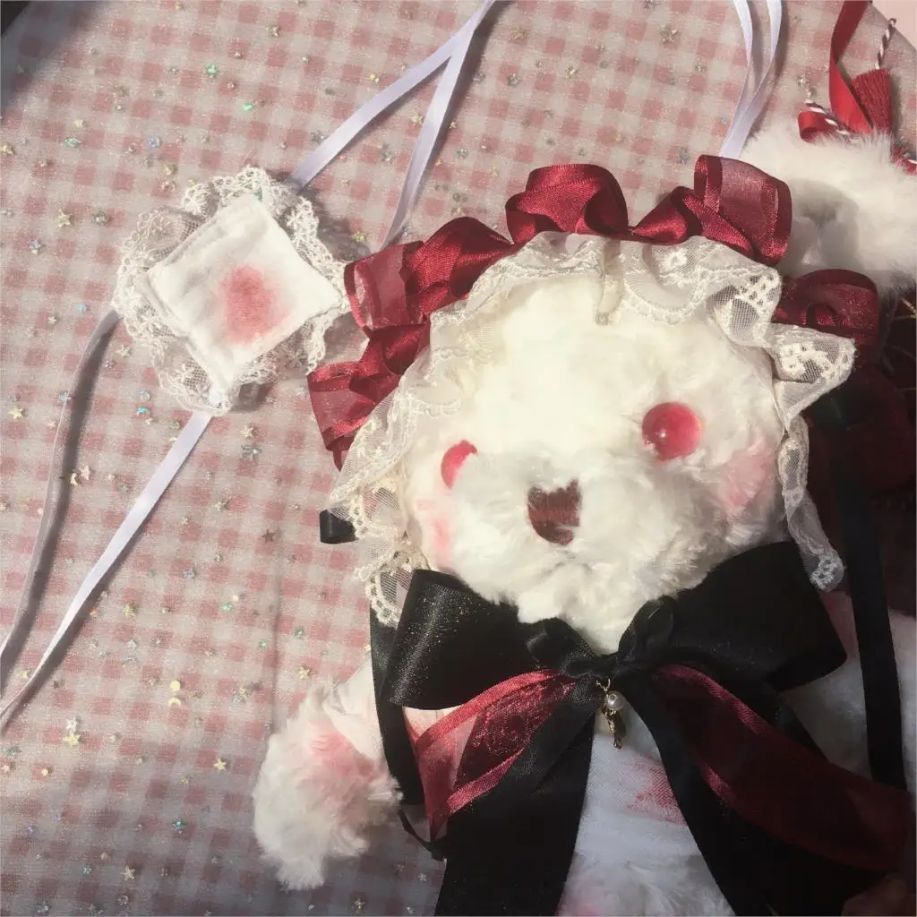 Origional Lolita Bloody Bear Bag Dark Gothic Backpack Lolita Soft Sister Bow Cross-Body Cos Bag