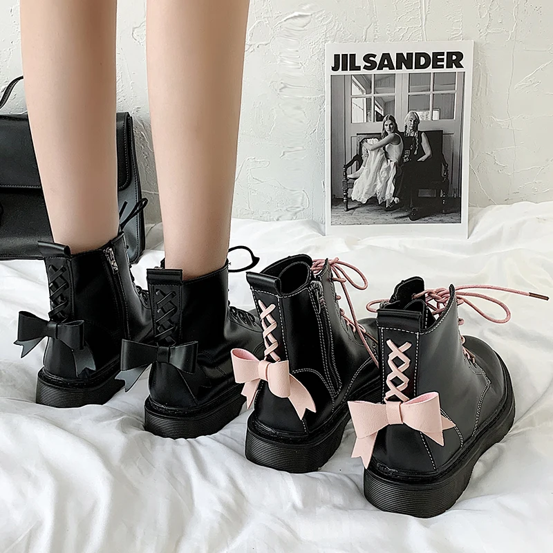 

Women British Style Leather Boots Girls Princess Anime Cosplay Shoes Japanese Harajuku Party Korean Bow Fashion College Boot