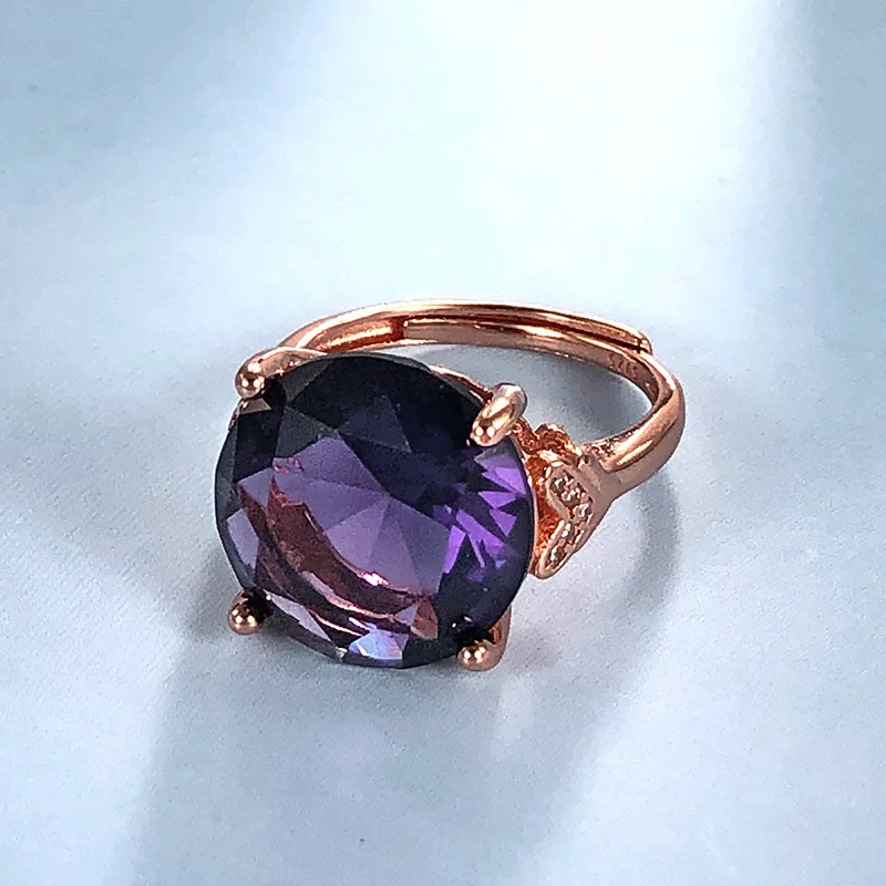 Retro Ring 925 Silver Jewelry with Oval Amethyst Zircon Gemstone Rose Gold Color Open Finger Rings for Women Wedding Party Gift