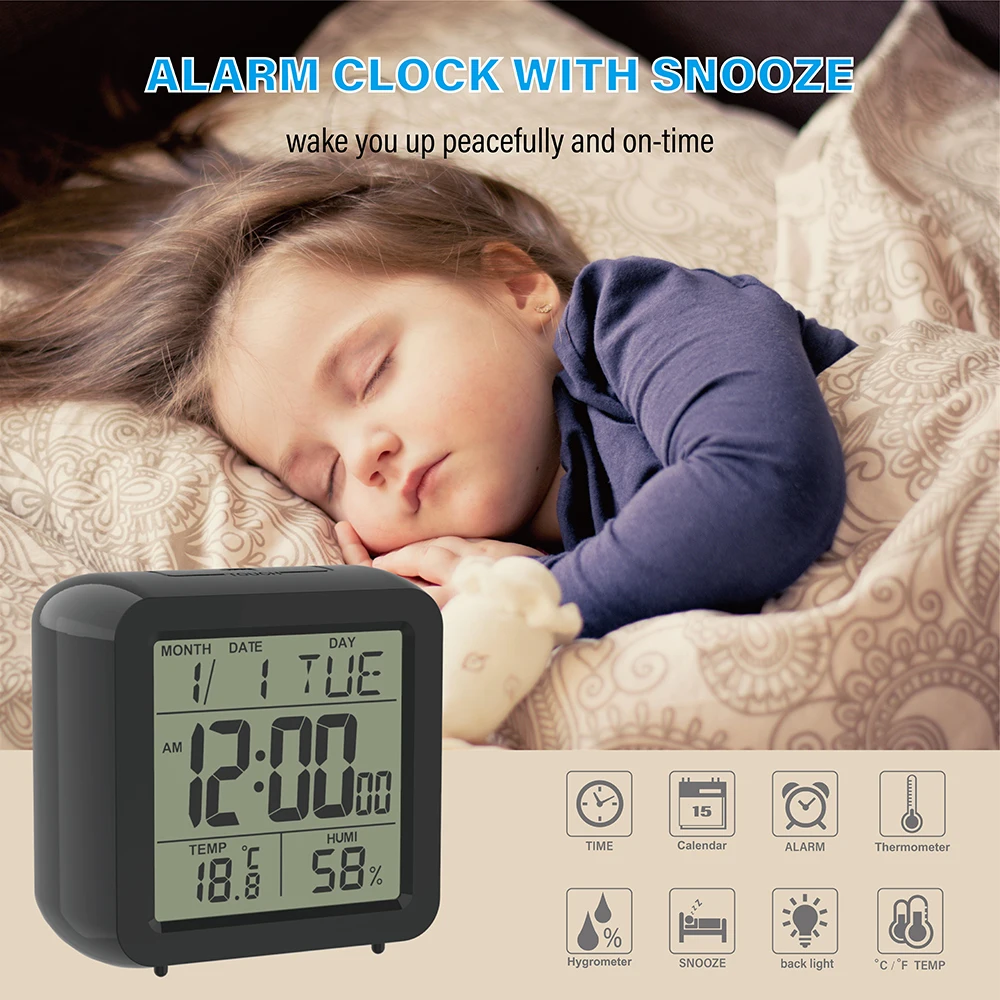 Electronic Desk Snooze Alarm Clock Calendar with Large Digital Bedside Table  Battery Operated  with Thermometer Hygrometer