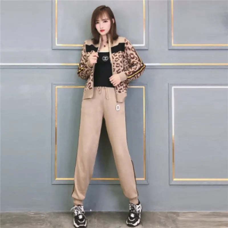 BLLOCUE 2020 New Winter Warm Women Leopard Zipper Sweater Cardigan Suits + High waist Chic Two Piece Pants Sporting Suits