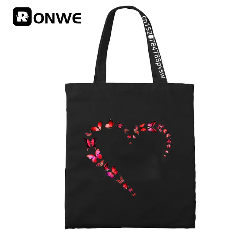 Women Butterfly Love Heart Shopping Canvas Bag Female Girl Tote Eco 90s Style Black Queen Shopper Shoulder Shool Bags,Drop Ship