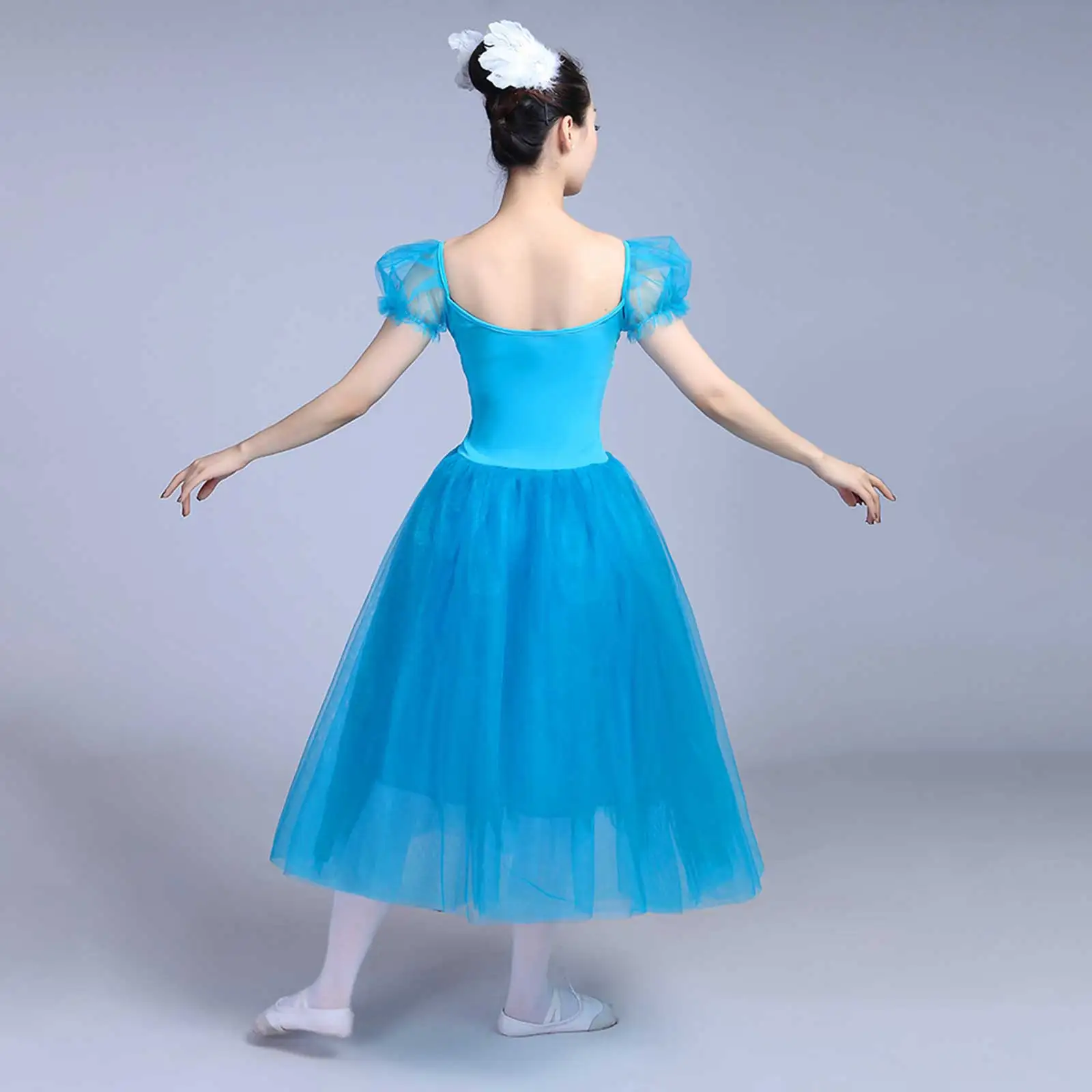 Women Ballet Dress Puff Sleeves Long Tulle Swan Lake Tutu Romantic Ballroom Stage Performance Ballerina Leotard Dance Costume