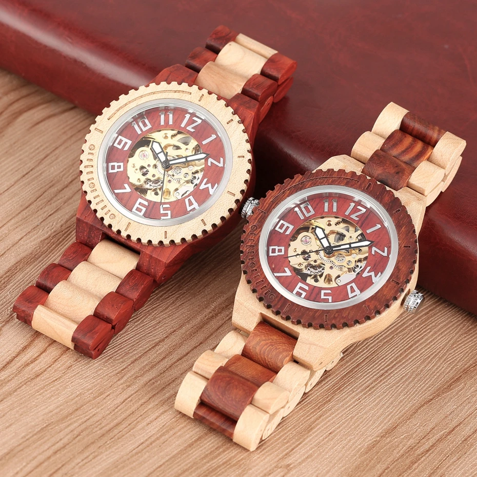 Vintage Red Wood Watch Mens Automatic Mechanical Wristwatches Wooden Band Watch Simple Round Dial Luxury Watch Relogio Masculino