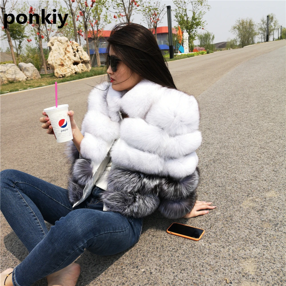 Real Fox Fur Coat for Women, Silver Fox Fur Coat, Short Jacket with Zipper, Genuine Leather, Female Winter Jacket,