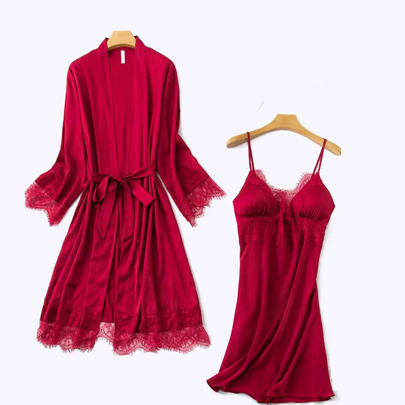 Nighty Robe Set Womens 2PCS Nightshirts Sleep Suit V-Neck Pajamas Silky Sleepwear Homewear Wear Home Nightdress Negligee Gown