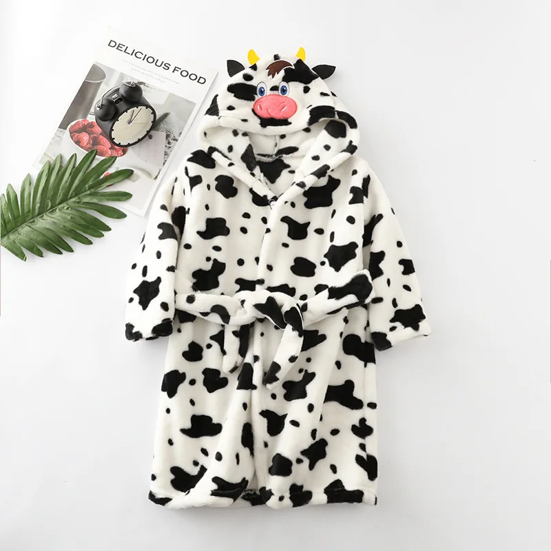 New Autumn Winter Kids Hooded Bathrobe Baby Bath Robes Boys Girls Cartoon Rabbit Panda Flannel Pajamas Long Sleeve Towel Robe