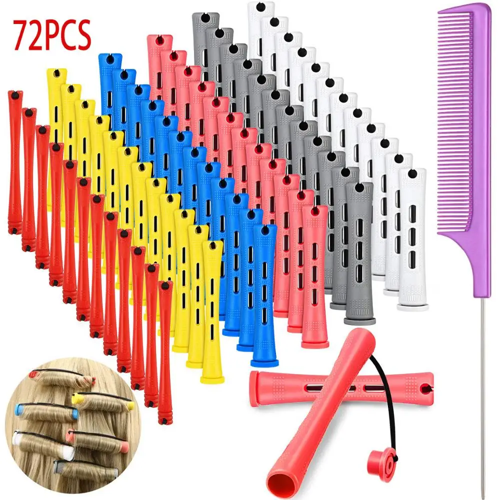 

72 Pieces Hair Perm Rods Short Cold Wave Rods Plastic Perming Rods Hair Curling Rollers Curlers with Steel Pintail Comb