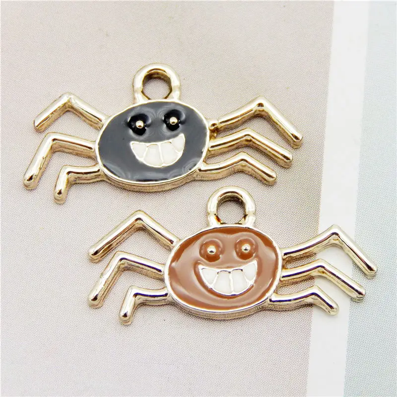 Julie Wang 6PCS Enamel Spider Charms Black Brown Cartoon Halloween Spider Pendants Alloy Jewelry Making Accessory