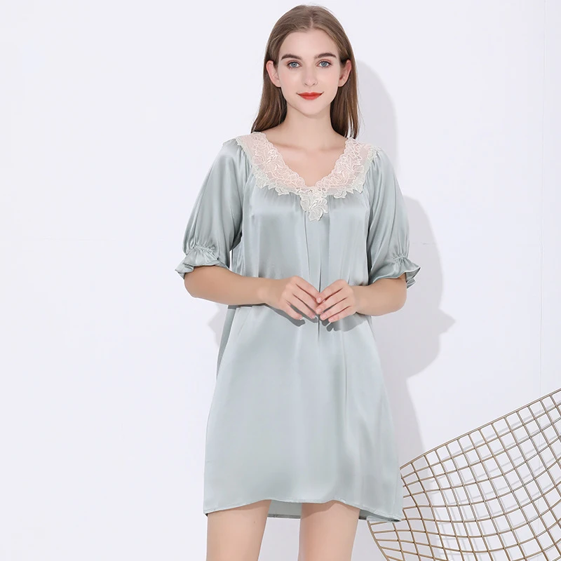 100% Silk Nightgown Women with Short Sleeve Lace Relaxed Fit Ladies Nightie Party Satin Nightwear sp0176