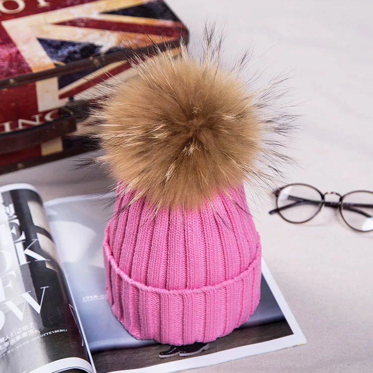 Winter NEW Women Pom Pom Beanies Warm Knitted Bobble Girl Fur Pompom Hats Real Raccoon Fur Pompon Casual Hat Cap