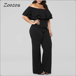 Elegant Double Ruffle Off The Shoulder Jumpsuits Plus Size Wide Leg Loose Jumpsuit Women Black Strapless Elastic Rompers Custom