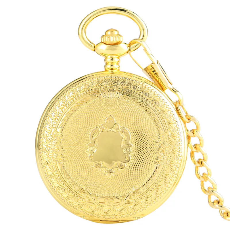 Antique Yellow Gold Shield Design Clock Skeleton Dial Mechanical Hand Winding Pocket Watch for Men Women Gift FOB Chain