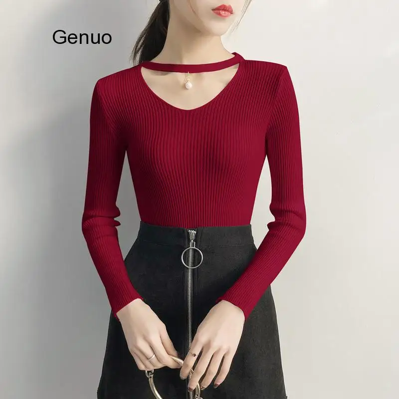 

V Neck Sweaters Women Autumn Winter Long Sleeve Sexy Slim Tops Solid Streetwear Knitted Korean Pullover Burgundy