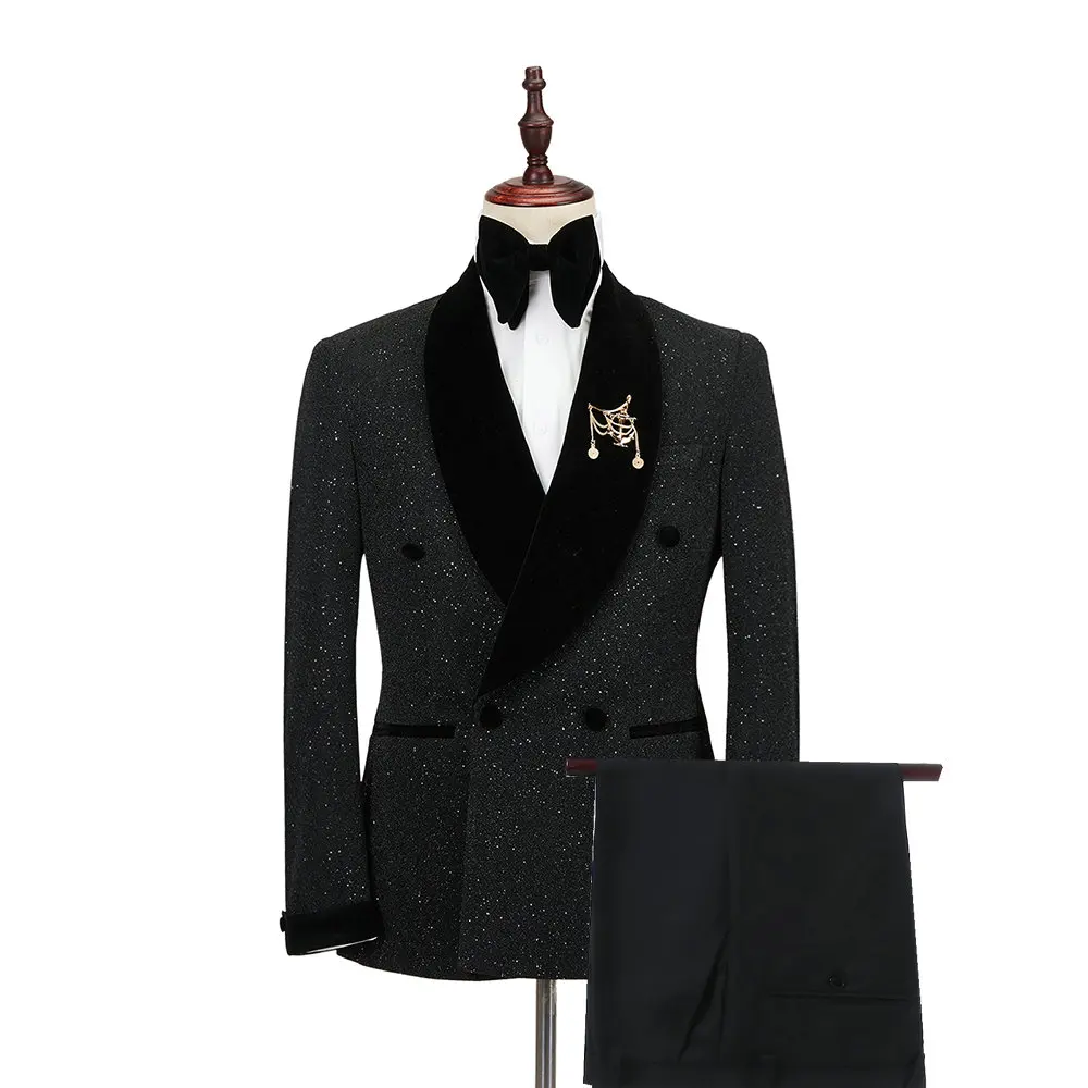 Double Breasted Shinny Navy Blue Formal Men Suits Groom Wear Sparkles Slim Fit 2-piece Suit Party Dinner Dress Wedding Tuxedo