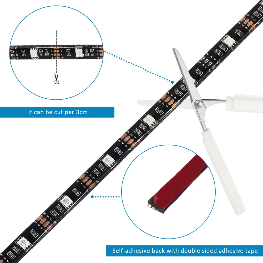 Kit d'éclairage de fond TV à bande LED RVB, découpable avec musique IR RF, contrôleur Bluetooth, USB, 5050, ensemble de 0.5m, 1m, 2m