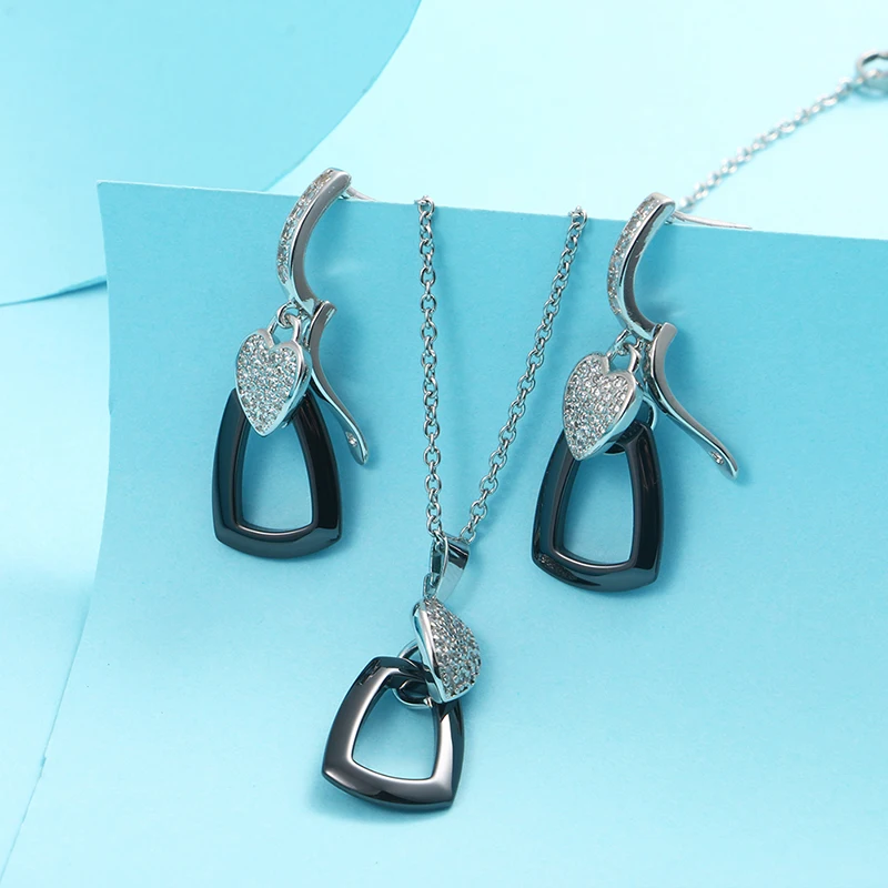 Heart Cubic Zirconia Geometric Pendant Necklace and Earring Jewelry Set for Women in Heatlhy Ceramic Jewelry sets Wedding Gift