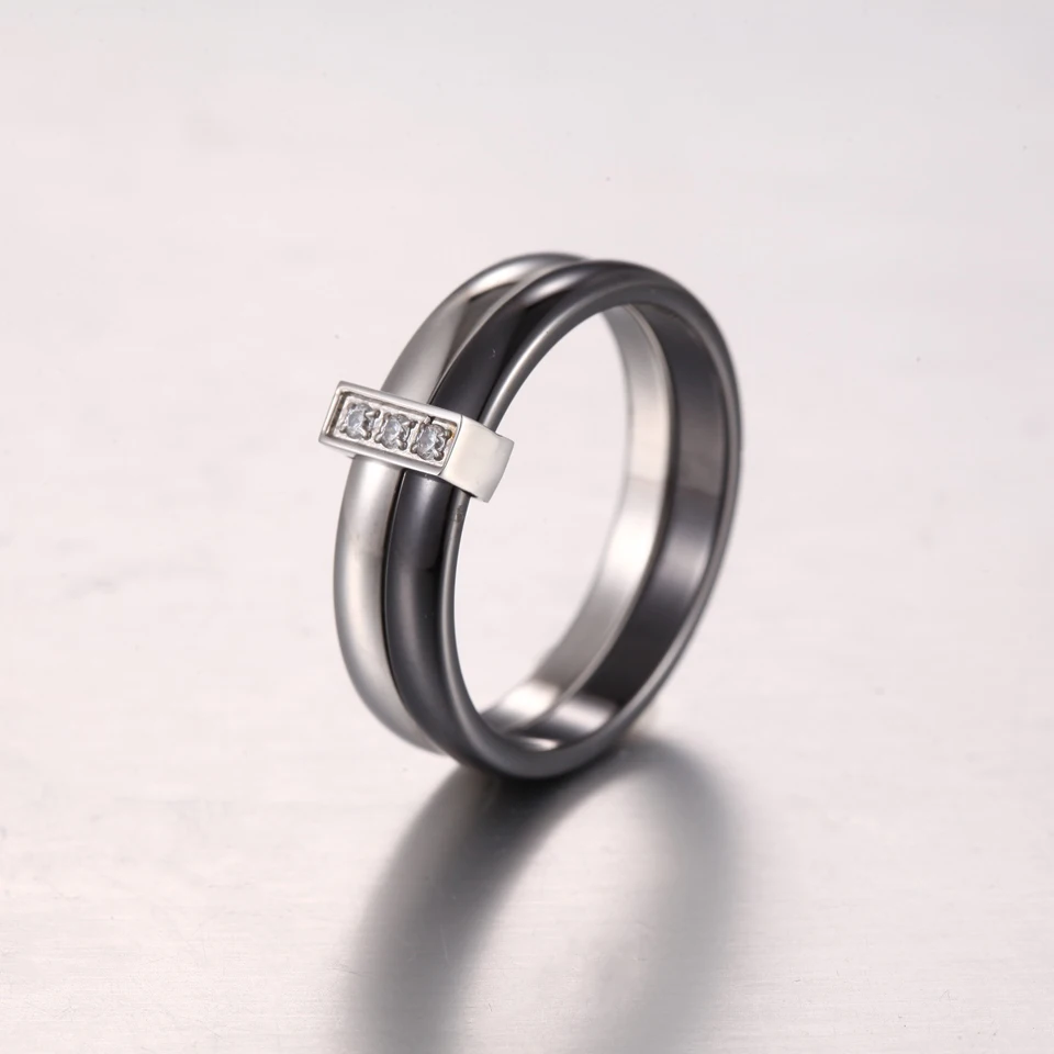 Black Ceramic Ring For Women Two Layers Stainless Steel Inlaid Zircon Thin Rings Unique Design Wedding Engagement Ring