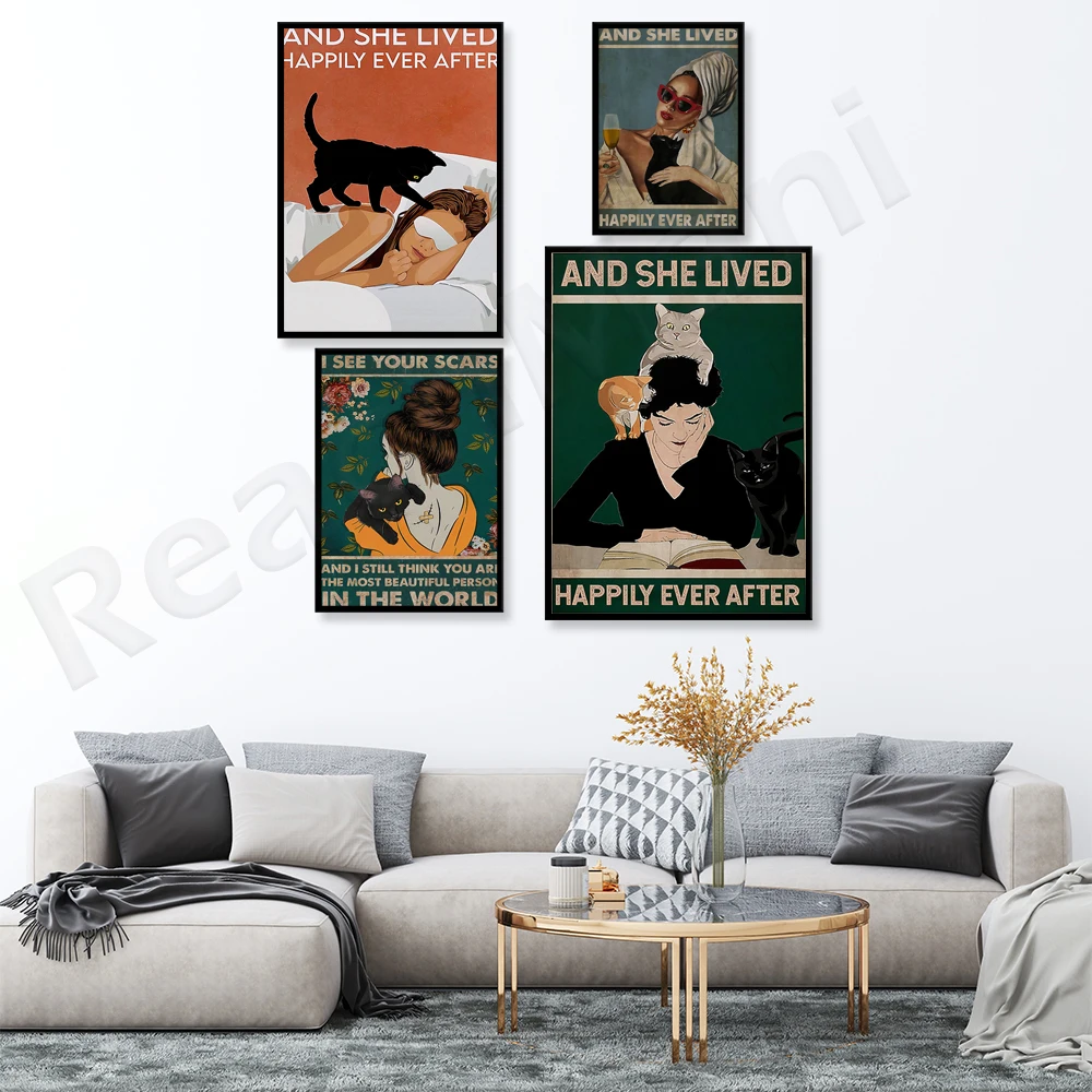 From then on she lived happily poster, I saw your scar poster, girl and black cat canvas print, treat yourself poster, inspirati