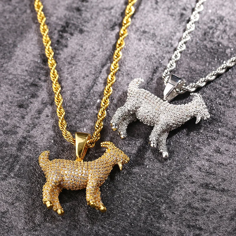 S925 Sterling Silver Full CZ Stone Paved Bling Ice Out 3D Sheep Goat Pendants Necklaces for Men Rapper Jewelry Gift