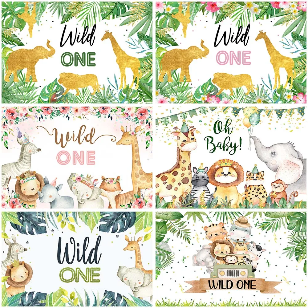 

Wild One Birthday Backdrop Jungle Animals Party Photo Background Gold Safari Tropical Leaves Backdrops Cake Table Decorations