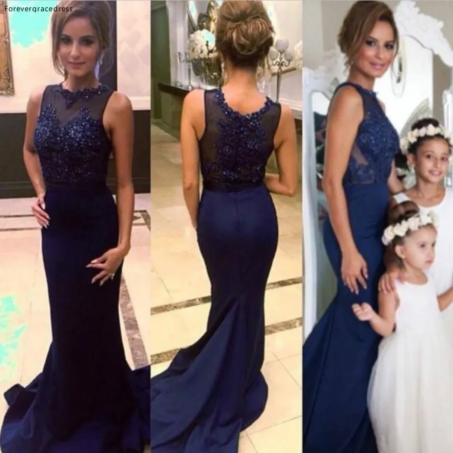 

High Quality Navy Blue Bridesmaid Dress Mermaid Jewel Neckline Lace Sleeveless Maid of Honor Dress