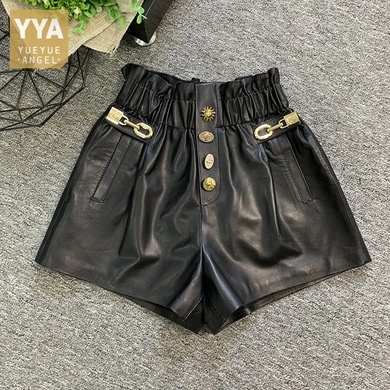 Streetwear Women Elastic Waist Wide Leg Shorts Ladies Casual Metal Buttons Genuine Leather Shorts Soft Sheepskin Short Trousers