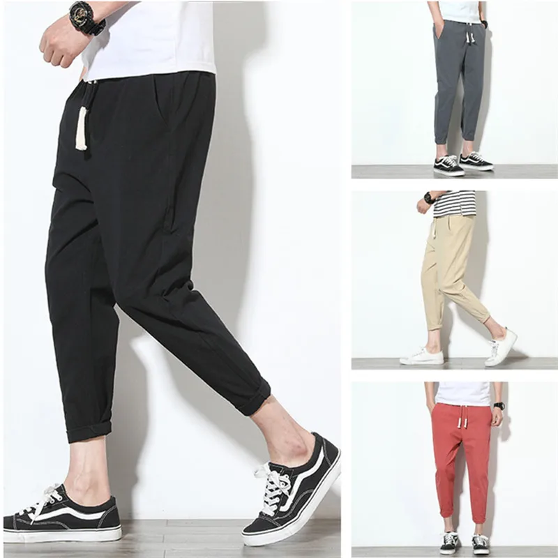 

Men's Casual Pants Summer Hot Sale Japanese Retro Thin Linen Solid Color Plus Size Sweat-absorbent Breathable Youth Lace-up