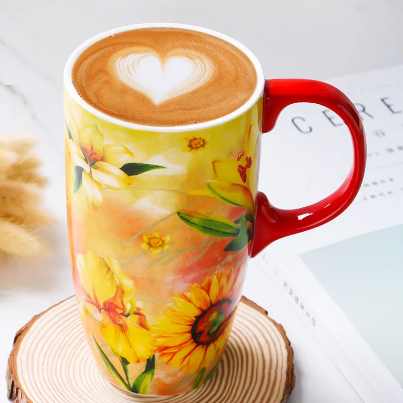 Hand-Painted Mug with Lid, Ceramic Cup with Lid, Large Capacity, Office, Home, Couple Gift, Hot Balloon, Bird, Sunflower, 560ml