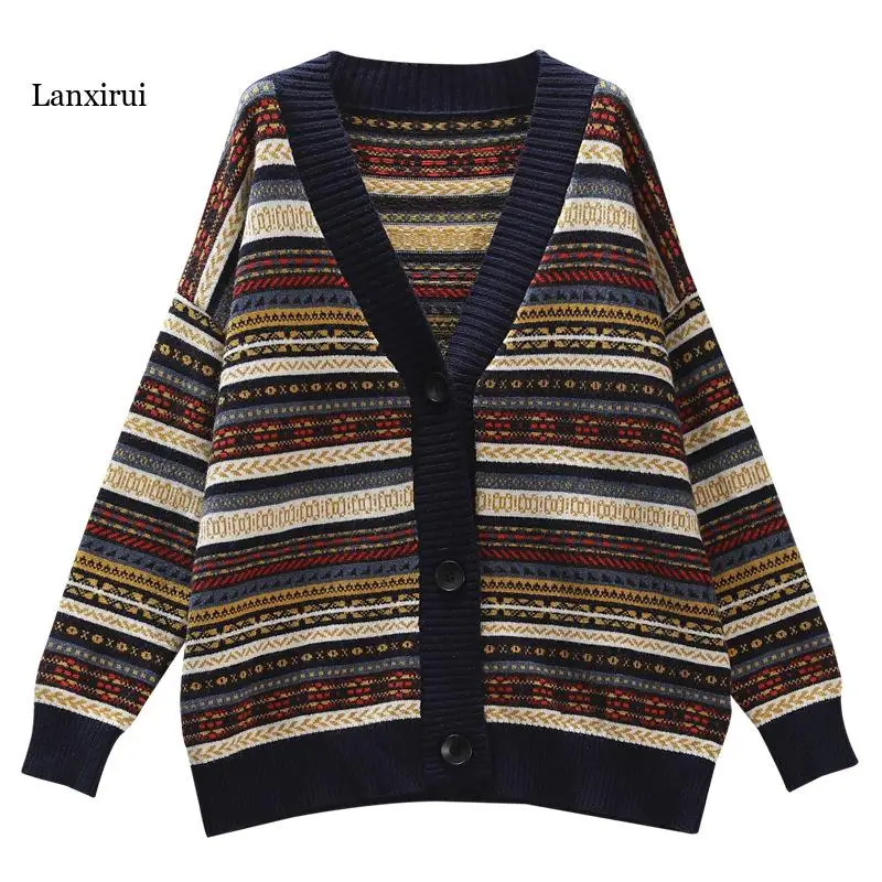 

Retro cardigan jacquard v-neck long-sleeved sweater jacket autumn casual all-match single-breasted knitted cardigan women