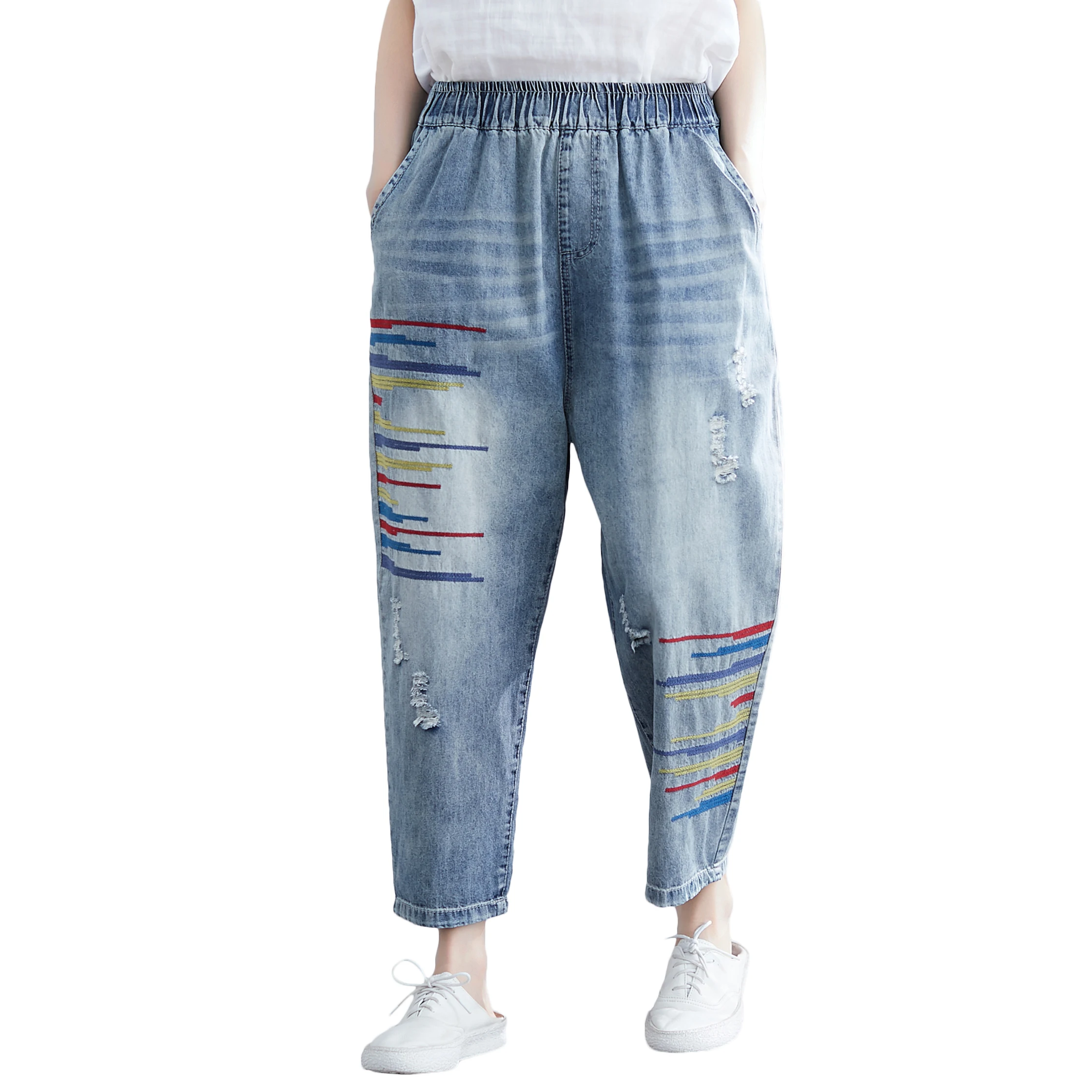 

Hole Casual Jeans Women Spring Summer Elastic Waist Loose Vintage Denim Harem Pants Large Size Casual Pants Women's Clothing AH2