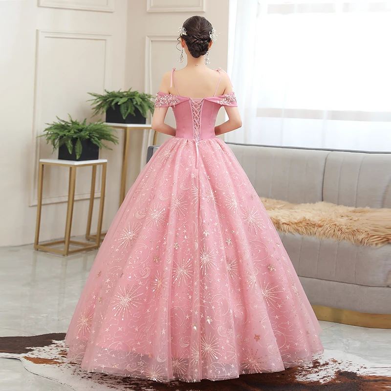 2024 Schulterfreie Quinceanera-Kleider, glänzendes, mit Perlen verziertes Ballkleid-Abschlussballkleid, rosafarbene Quinceanera-Kleider in Übergröße, individuell gestaltet