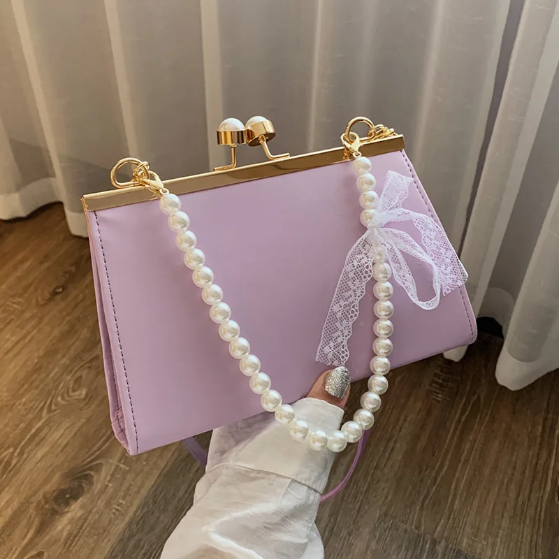 Women\'s Satchels Crossbody Bags Fashion Hard PU Leather Solid Color Pearl Handle Handbags Lady Single Strap Small Shoulder Bags