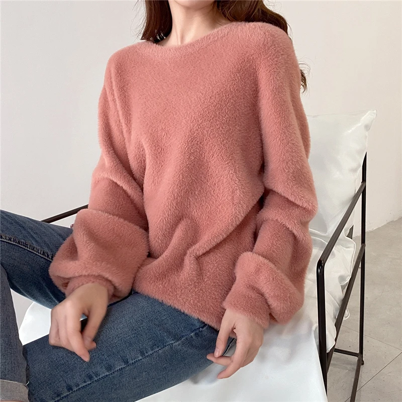 LMQ NEW 2020 Fall Winter Women O Neck Plush Fleece Soft Elegant Knitted Sweater Long Sleeve Solid Color Casual Pullover Tops