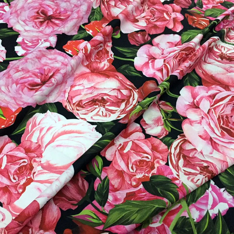 145cm Width Fashion Pink Rose Flower Printed Imitate Cotton  Fabric For Woman/Kids Dress Blouse Pants DIY Cloth Sewing Material