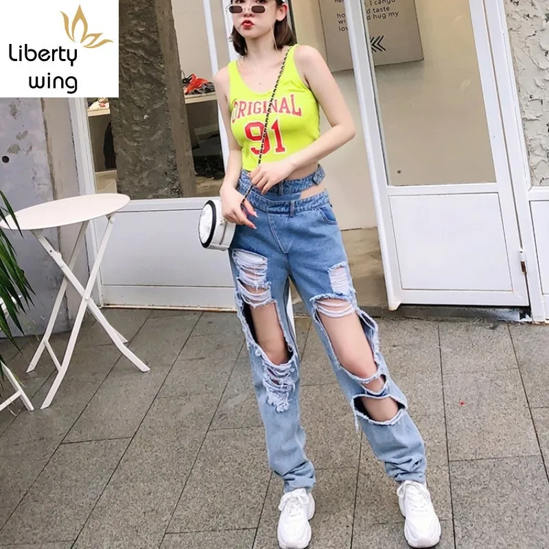 2020 New Summer Hole Ripped Frayed Jeans Woman Hip Hop Casual Harem Trousers Fashion Streetwear High Waist Denim Pants Female