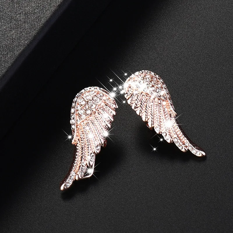 Western Style Angel\'s Feather Shape Ear Clip for Women New Fashion Metal Inlaid Rhinestone Stud Earrings Girl\'s Bright Jewelry