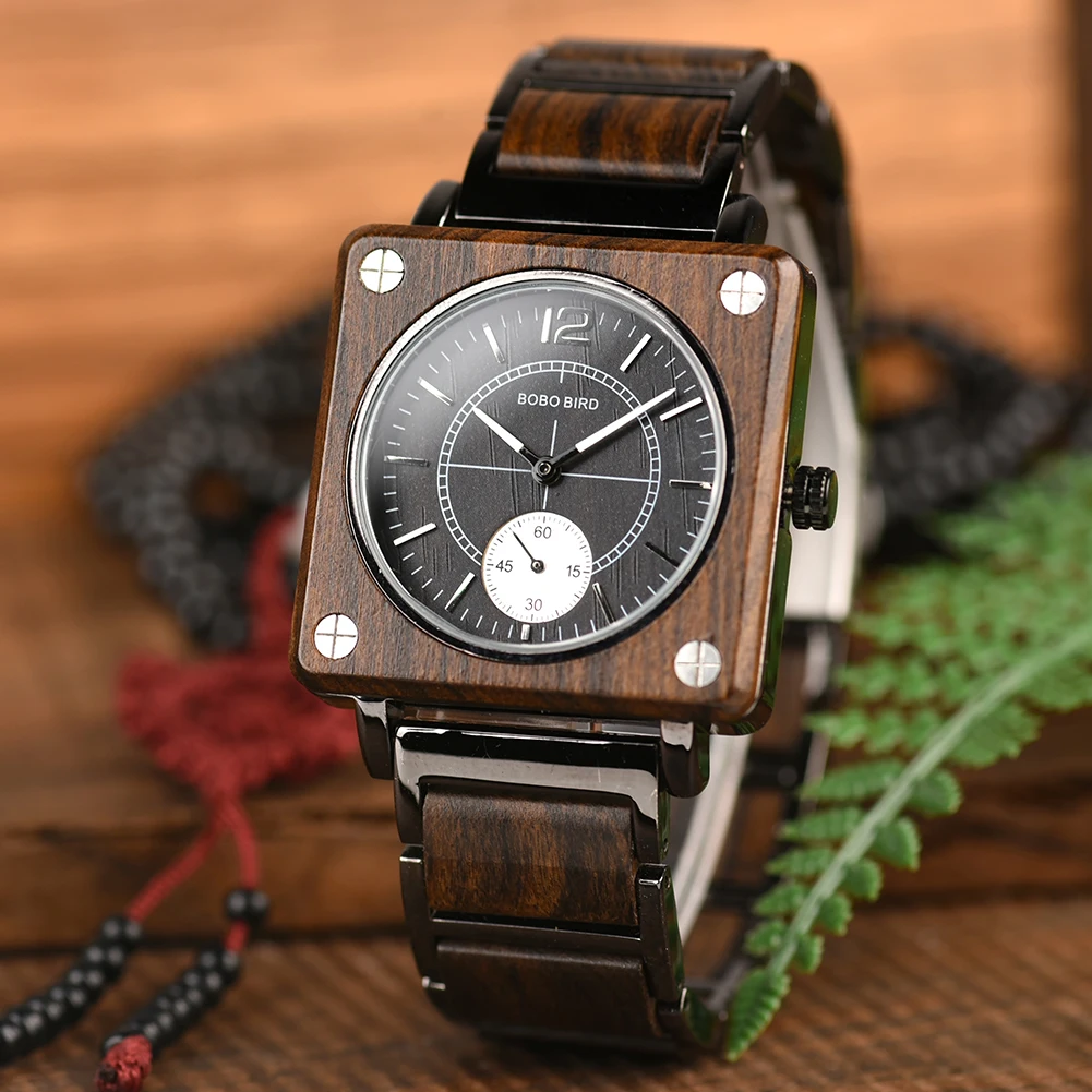 Reloj Madera BOBO BIRD Luxury Brand Wood Watch Men Square Wristwatch Japanese Seiko Movement Relogio Masculino In Gift Box