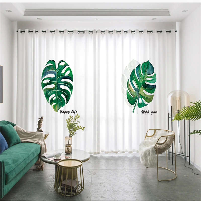 

Custom Window Curtain Drape Hangings for Nursery Kids Children Living Room Bedroom Palm Leaf Leaves Green White