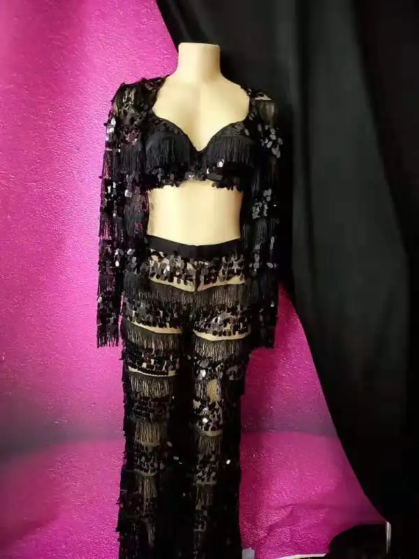 

Women Black Sequins Mesh Bra Tassel Sleeve Jacket Pants Lady Singer Stage Wear Sexy 3 Pieces Set Singer Dancer Nightclub Costume