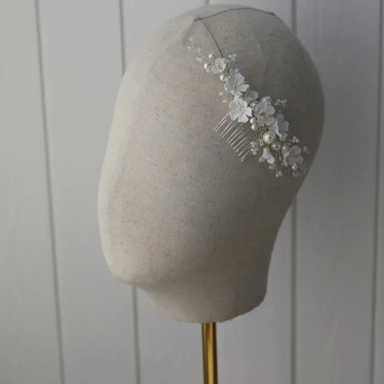 White Porcelain Flower Bridal Comb Hair Piece Pearls Wedding Jewelry Handmade Women Headpiece Hair Ornament