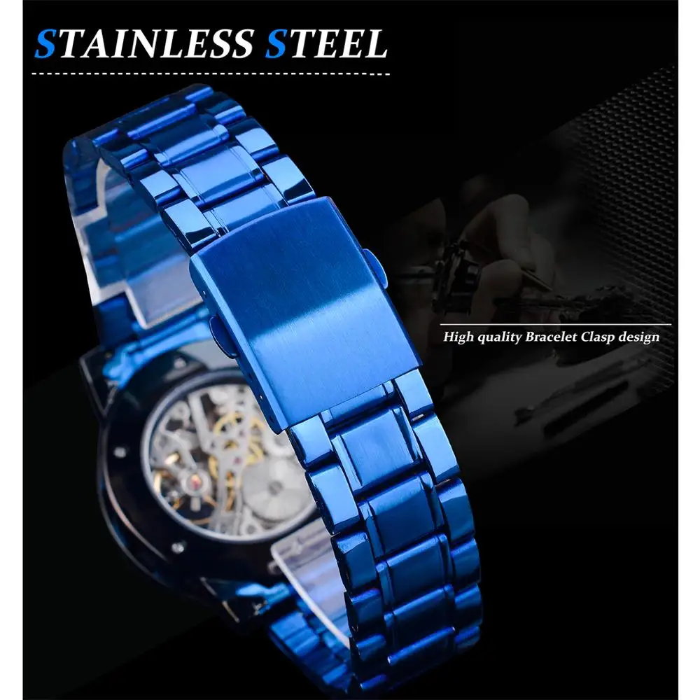 Forsining Blue Diamond Transparent Skeleton Men Mechanical Watch Stainless Steel Luminous Hands Wristwatch Casual Business Clock