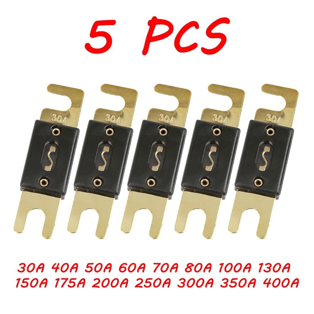 X Autohaux 5 Pcs ANL FusesGold Tone Plated Fuse for Car Audio System  30/40/50/60/70/100/130/17250/300Amp