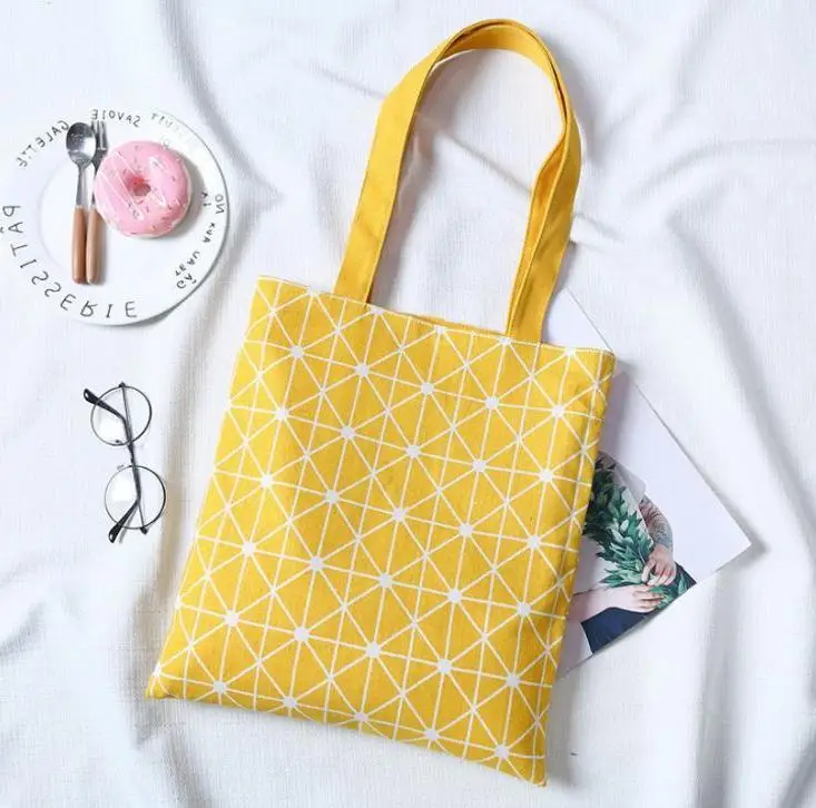 50pcs Fashion Women Cotton Linen Eco Reusable Tote Handbag Fashion Plaid Shoulder Bag Sundries Stroage Pouch Wholesale