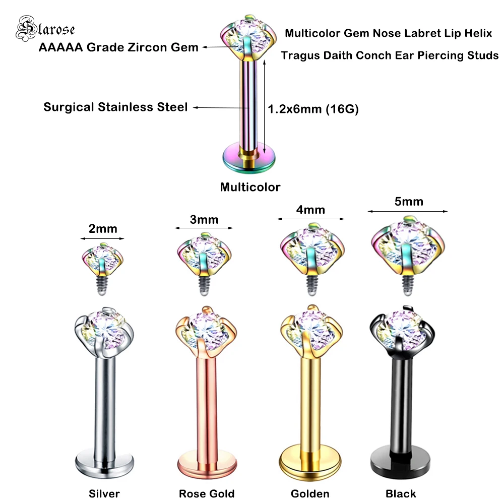 Starose 4pcs 2~5mm Rainbow Gem Nose Ring Labret Lip Piercing Kit Nostril Piercing Helix Studs Tragus Earrings Ear Piercing Oreja