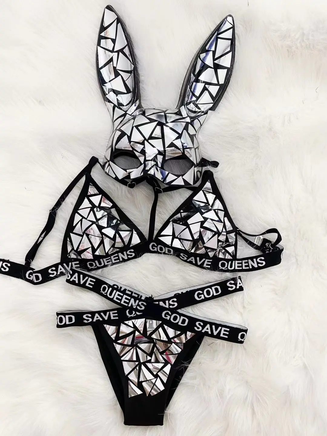 Sexy Silver Rabbit mask mirror bikini sexy club dancer wear Nightclub show singer dance Costume