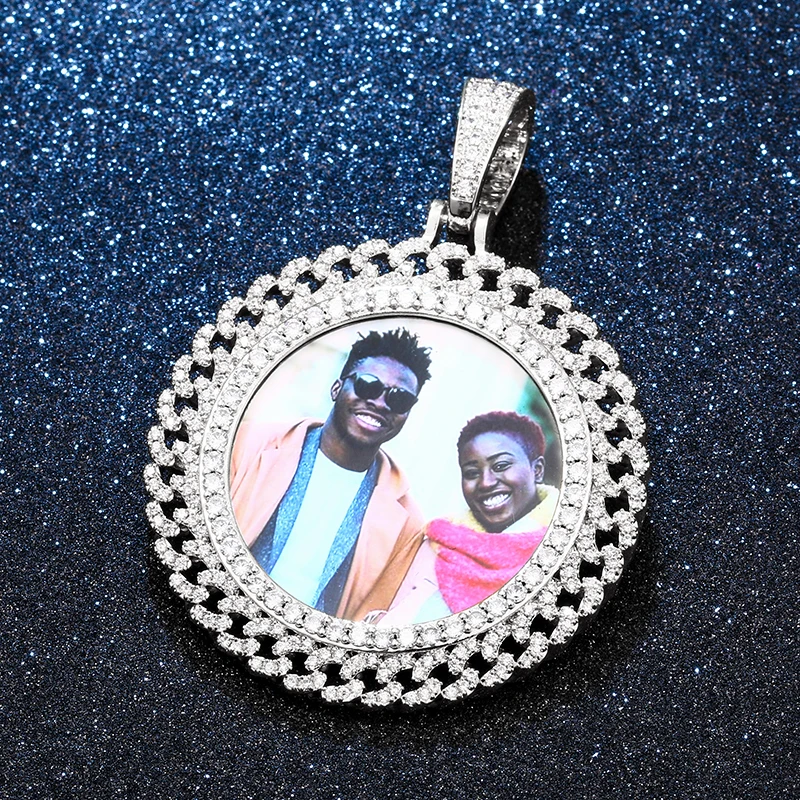 Round 2.8 Inch Memory Medallions Custom Photo Pendant Necklace Men Hip Hop Jewelry Iced Out Cubic Zirconia Pendant Cuban Chain