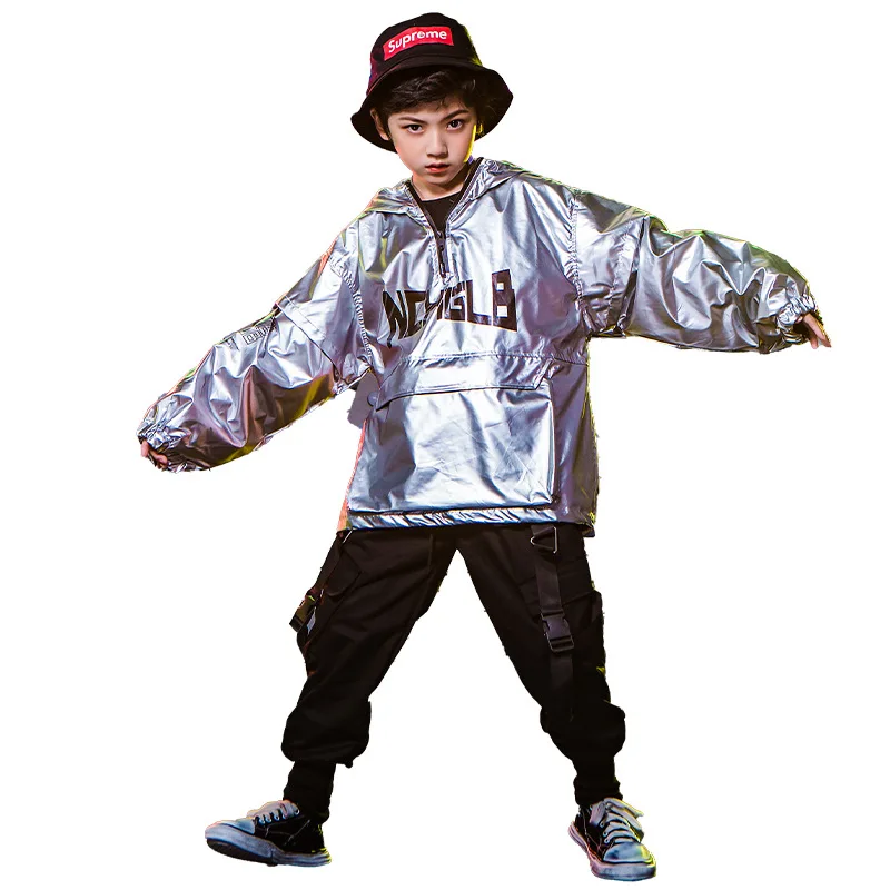 

Kid Cool Hip Hop Clothing Black Silver Hoodie Sweatshirt Pullover Jacket Top for Girl Boy Dance Costume Dancing Clothes Wear